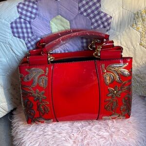 Red Patan Satchel with Silver and Gold Sequin Accents